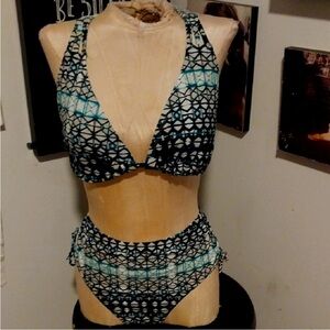 Swim Sexy Stylish Black and Blue Geometric Full Coverage High Waist Bikini sz 14